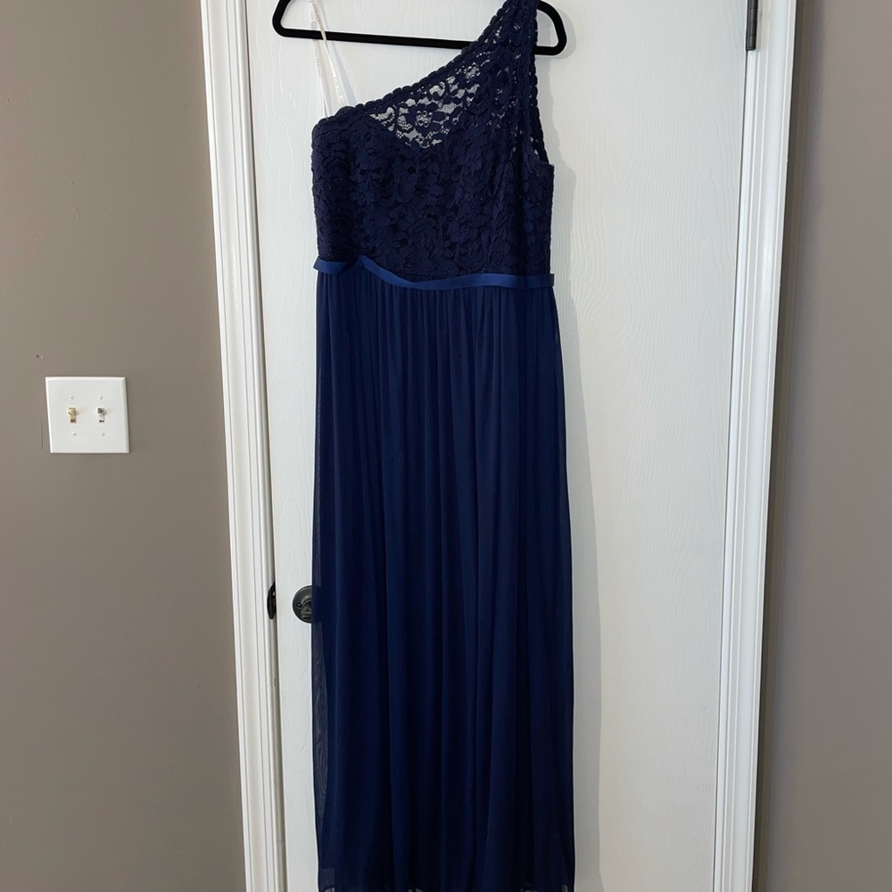 Navy One-Shoulder Lace Top Bridesmaid Dress